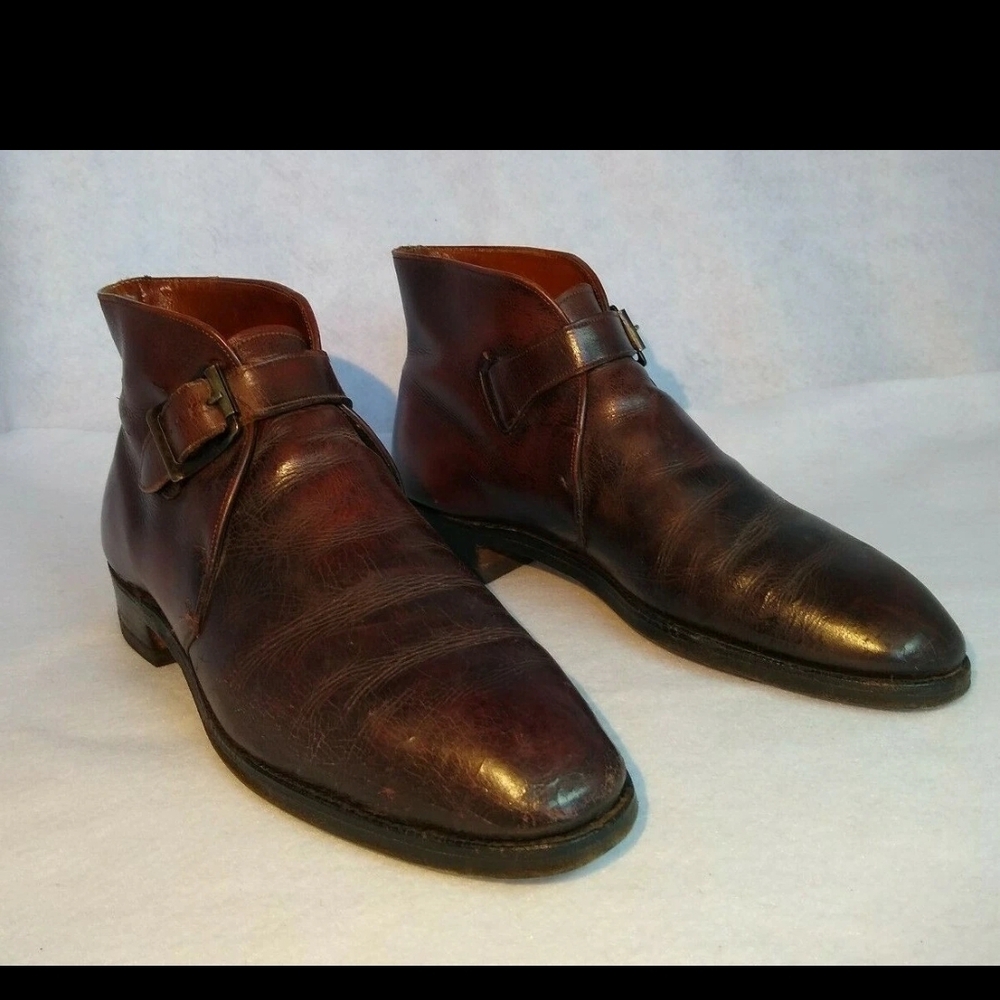 Men's Brown Leather Buckle Chestnut Brown Leather Chukka Chelsea Boots Size 9